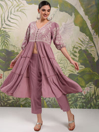 Vishudh V Neck Three Quarter Puff Sleeves Embroidered Anarkali Kurta Sets