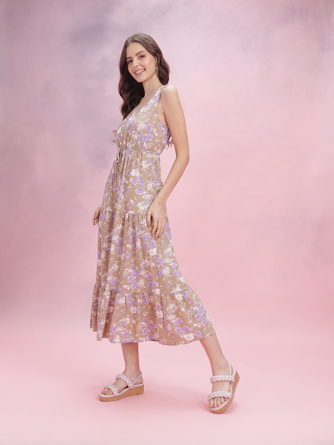 DressBerry V-Neck Floral Printed Tired A-Line Midi Dress