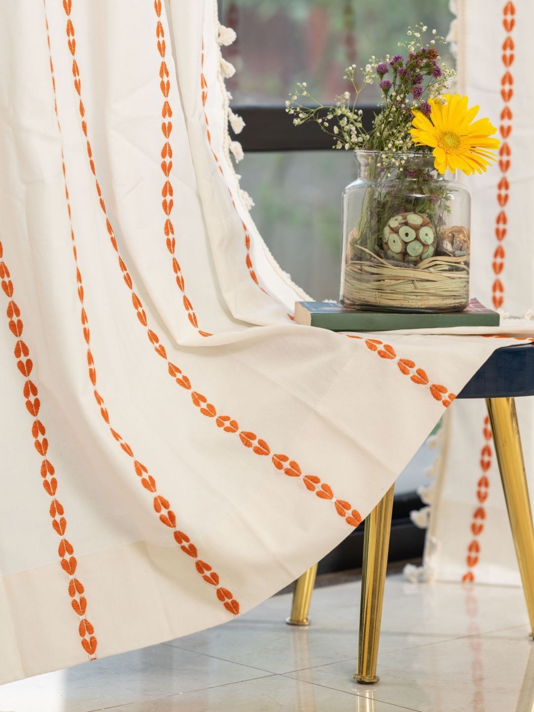 URBAN SPACE Orange & White Embroidered Window Curtain