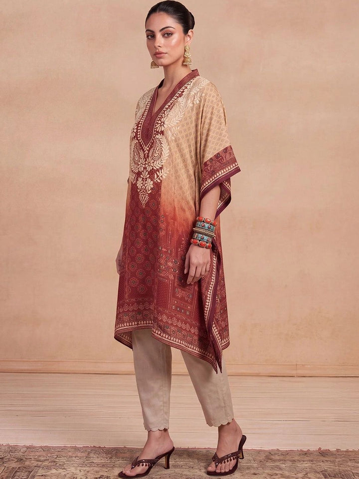 Rumah Wanita Chikankari Motif Etnik Bercetak Lengan Panjang Kerja Benang Crepe Kaftan Kurta