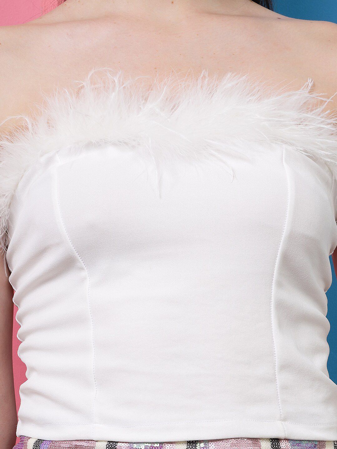 Athena Strapless Faux Fur Trim Tie-Ups Detail Tube Top