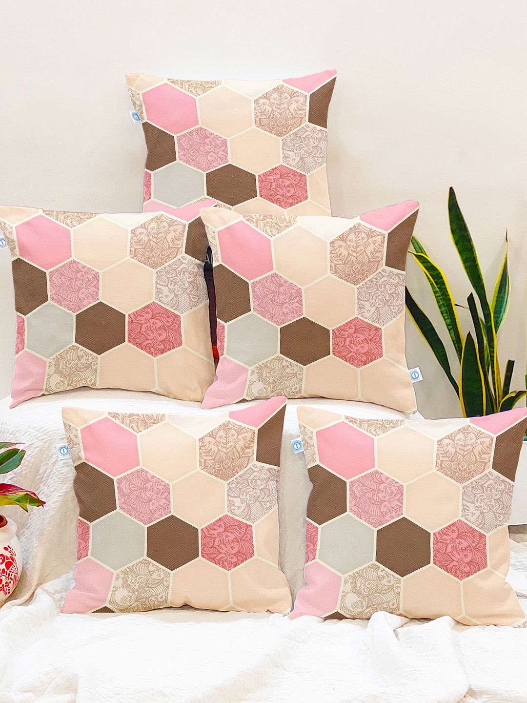 STITCHNEST Peach-Coloured & Cream-Coloured Set of 5 Geometric Square Cushion Covers