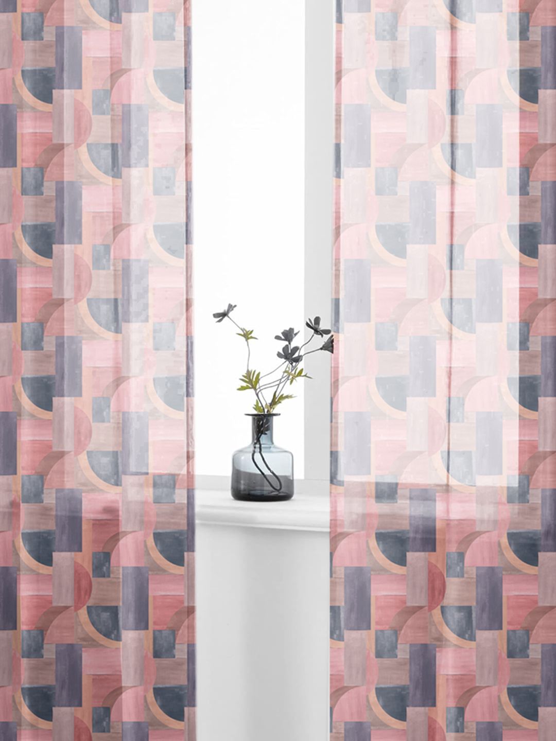 URBAN SPACE Pink 2 Pieces Geometric Printed Sheer Window Curtains