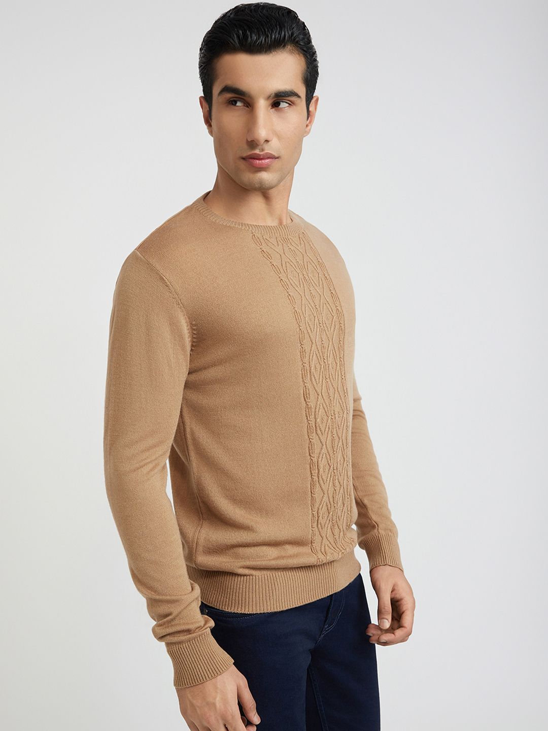 Raymond Men Beige Self Design Pullover