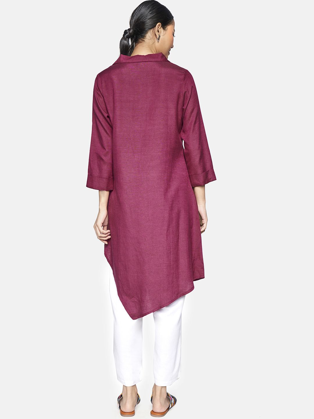 Global Desi Burgundy Viscose Rayon Shirt Collar Tunic with Button Detailing