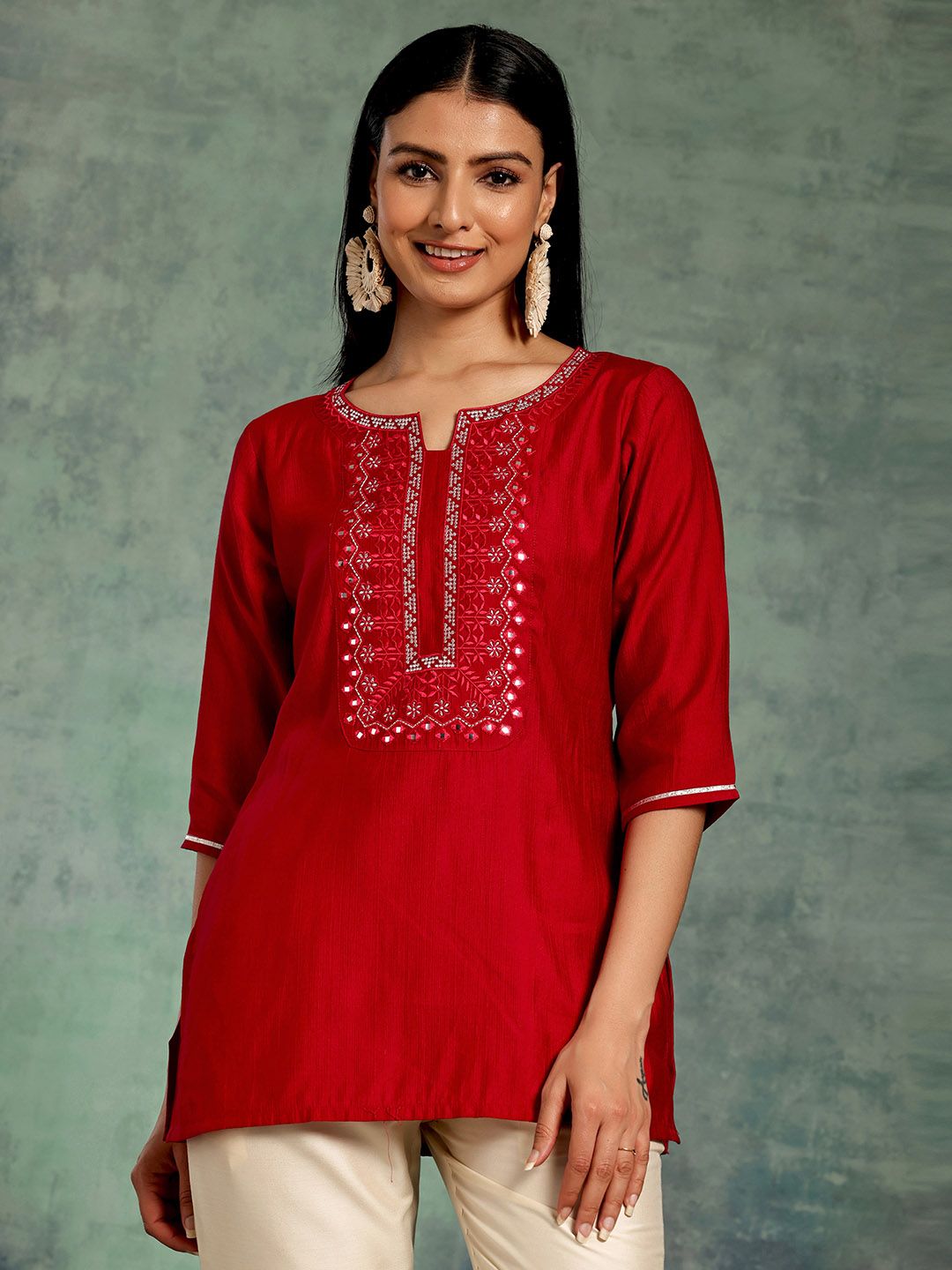 Libas Floral Embroidered Yoke Design Straight Kurti