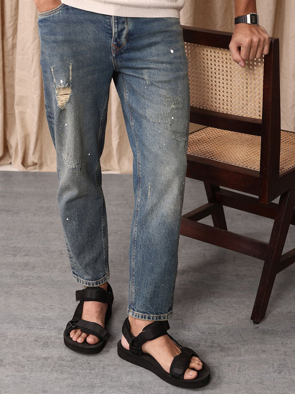 Mr Bowerbird Men Tapered Fit Mid-Rise Low Distress Heavy Fade Cropped Stretchable Jeans