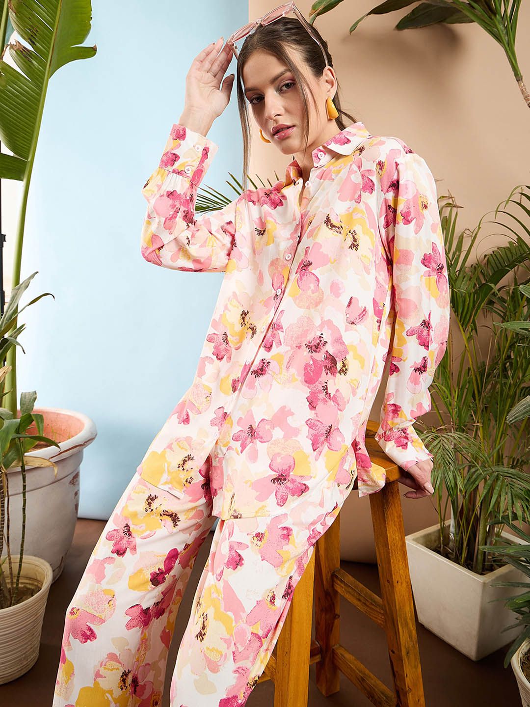SASSAFRAS Pink Floral Printed Oversize Shirt & Trousers