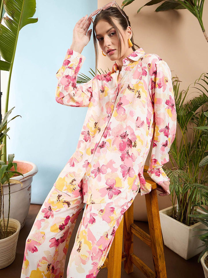 SASSAFRAS Pink Floral Printed Oversize Shirt & Trousers