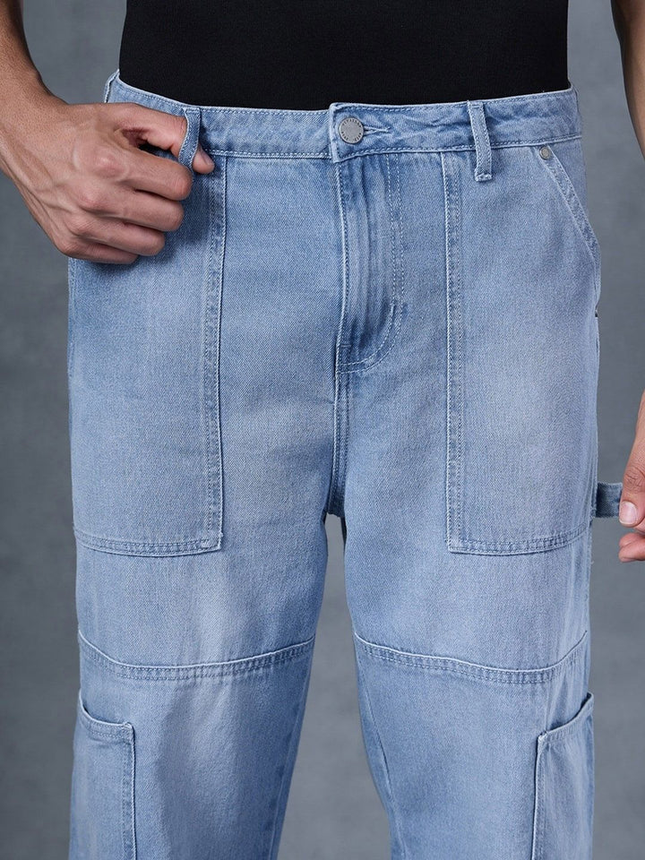 Bewakoof Men's Blue Baggy Cargo Carpenter Mid-Rise Jeans