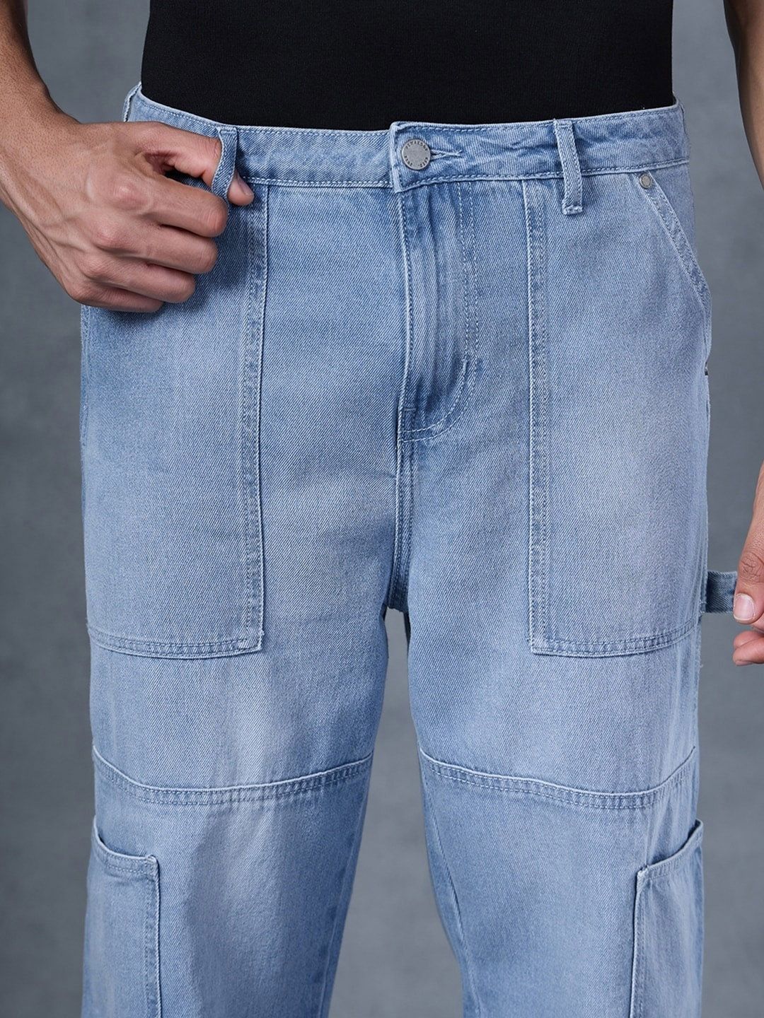Bewakoof Men's Blue Baggy Cargo Carpenter Mid-Rise Jeans