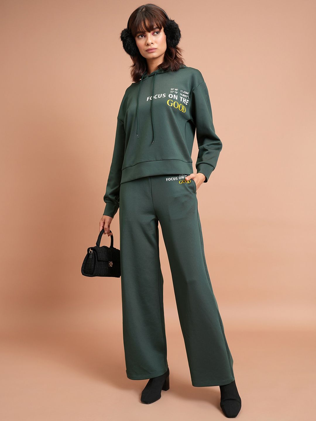 Tokyo Talkies Typography Printed Relaxed Fit Hooded Sweatshirt With Wide Leg Trousers