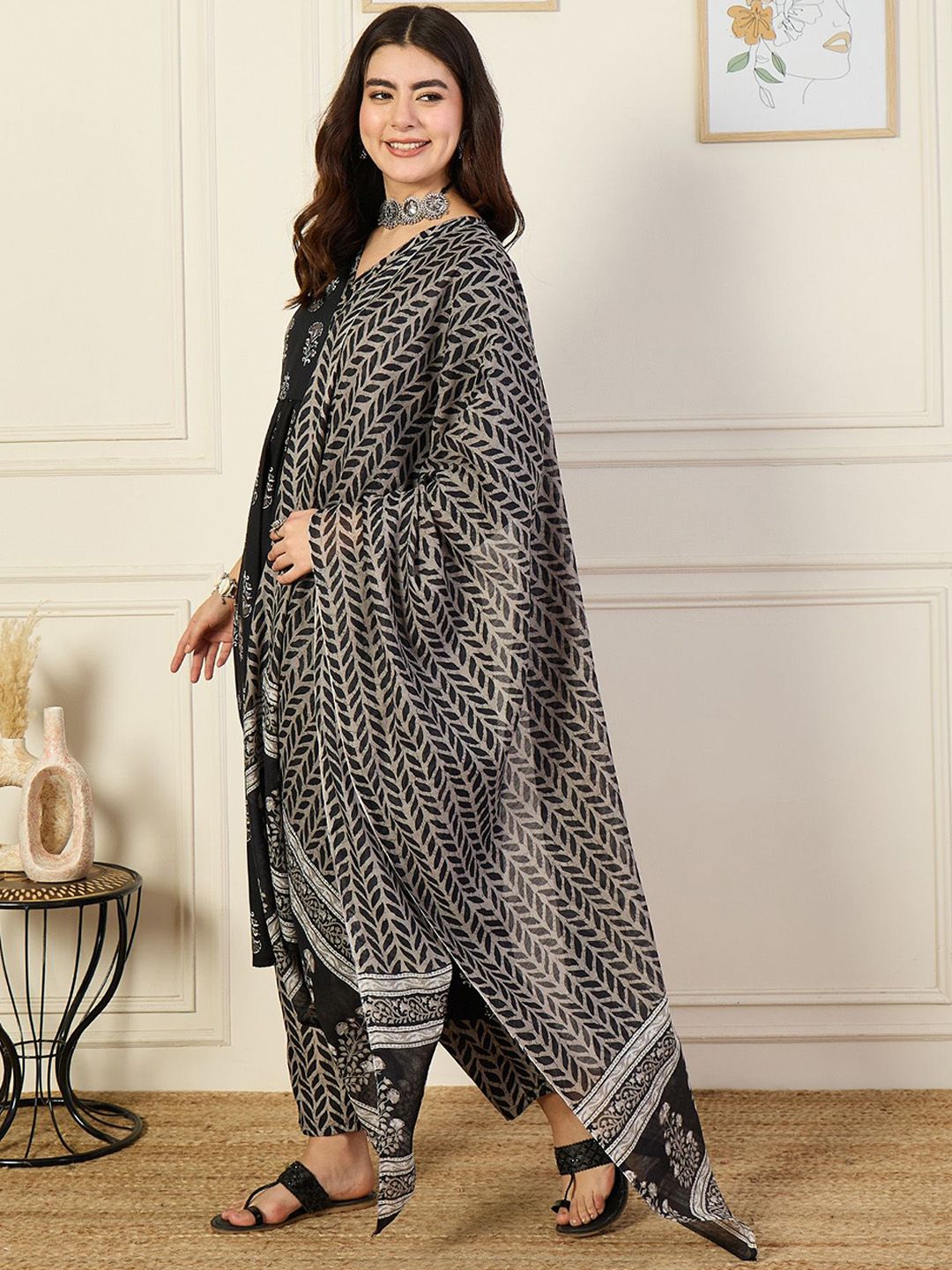 KALINI V-Neck Floral Printed Angrakha Anarkali Kurta with Trouser & Dupatta