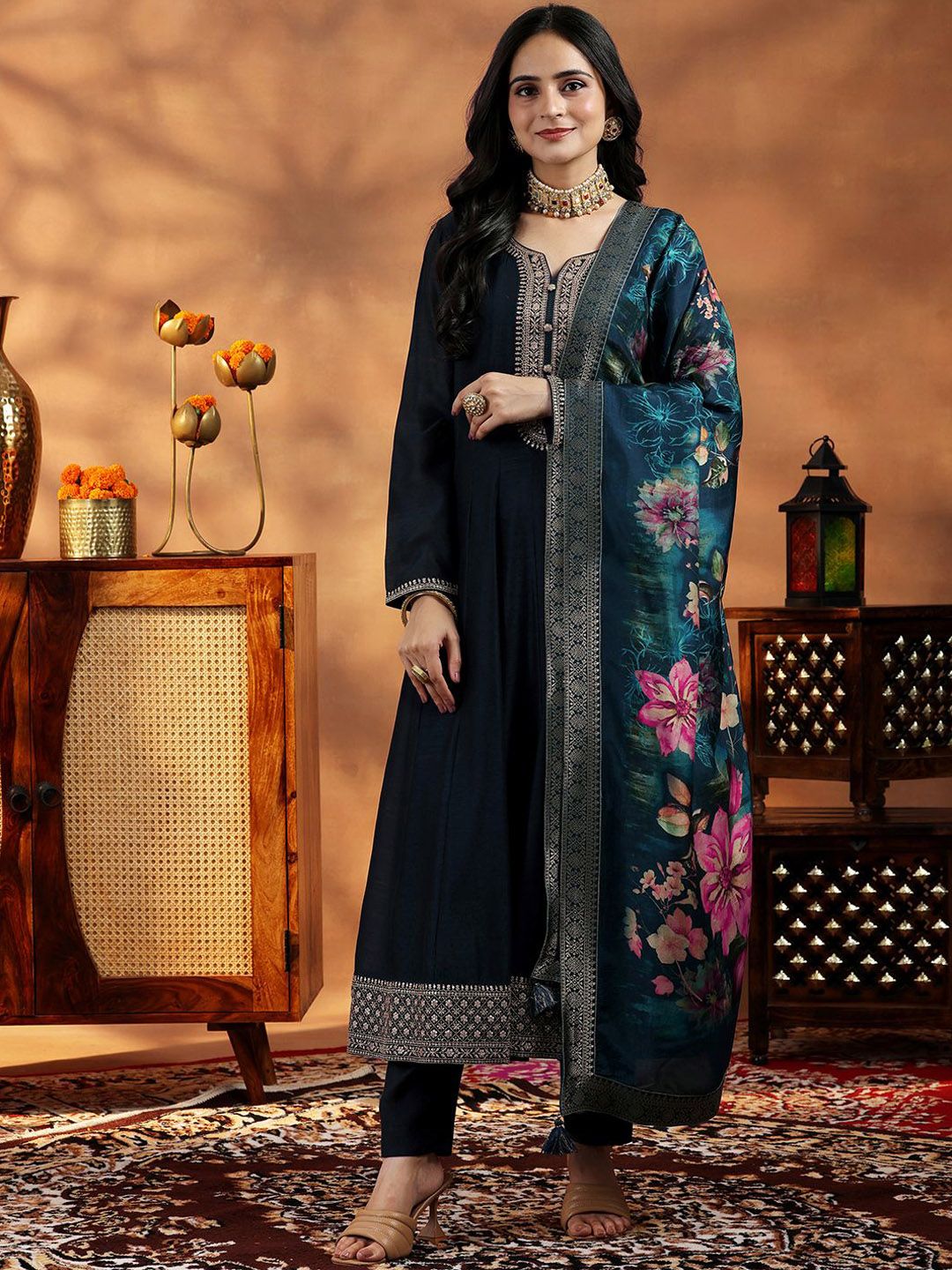 Libas Women Floral Yoke Design Panelled Kurta with Trousers & With Dupatta