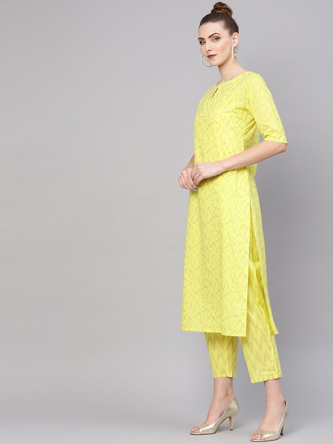 Gerua By Libas Women Lime Green  Golden Block Print Kurta with Trousers
