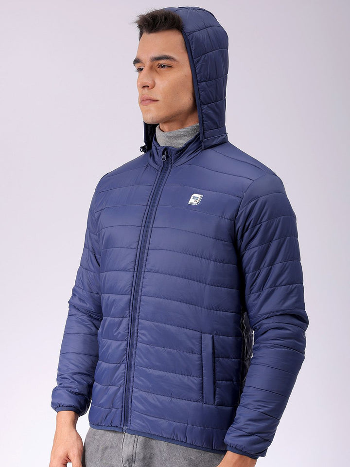 The Indian Garage Co Men Blue Solid Detachable Hood Quilted Jacket