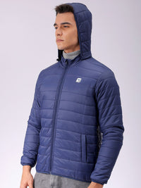 The Indian Garage Co Men Blue Solid Detachable Hood Quilted Jacket