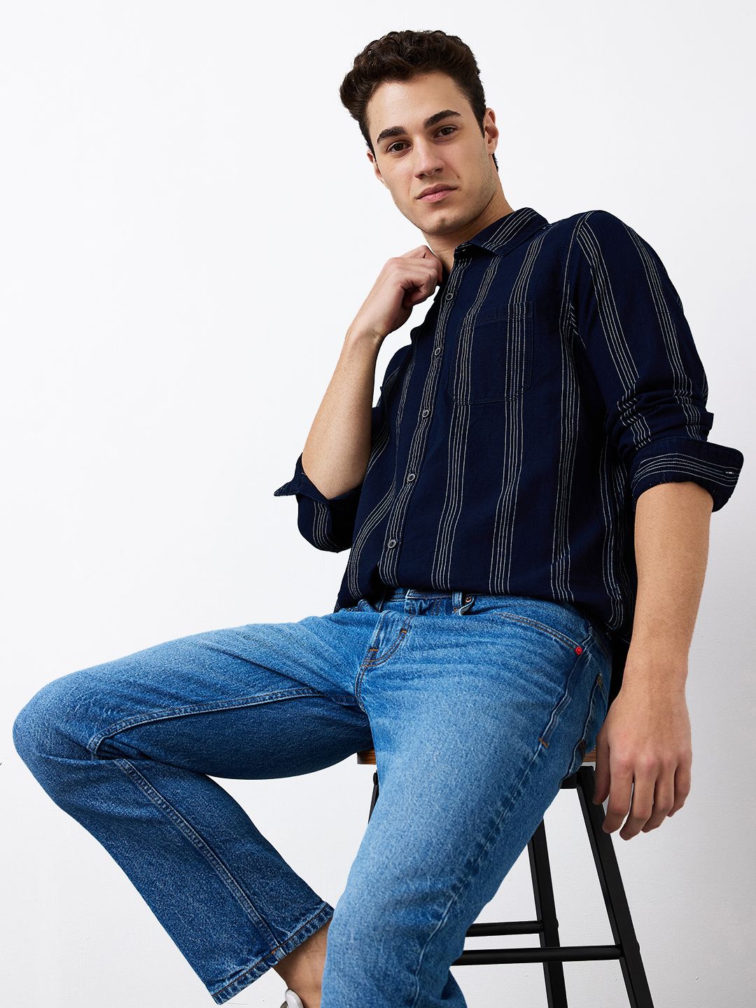 SPYKAR Men Spread Collar Vertical Striped Cotton Casual Shirt