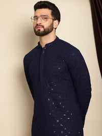 Anouk Navy Blue Motif Etnik Bersulam Labuci Lurus Cotton Pure Kurta