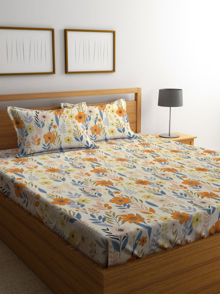 Myntra Elegant Homes Yellow & Orange Printed 300 TC King Bedsheet Set 2.50 m x 2.50 m