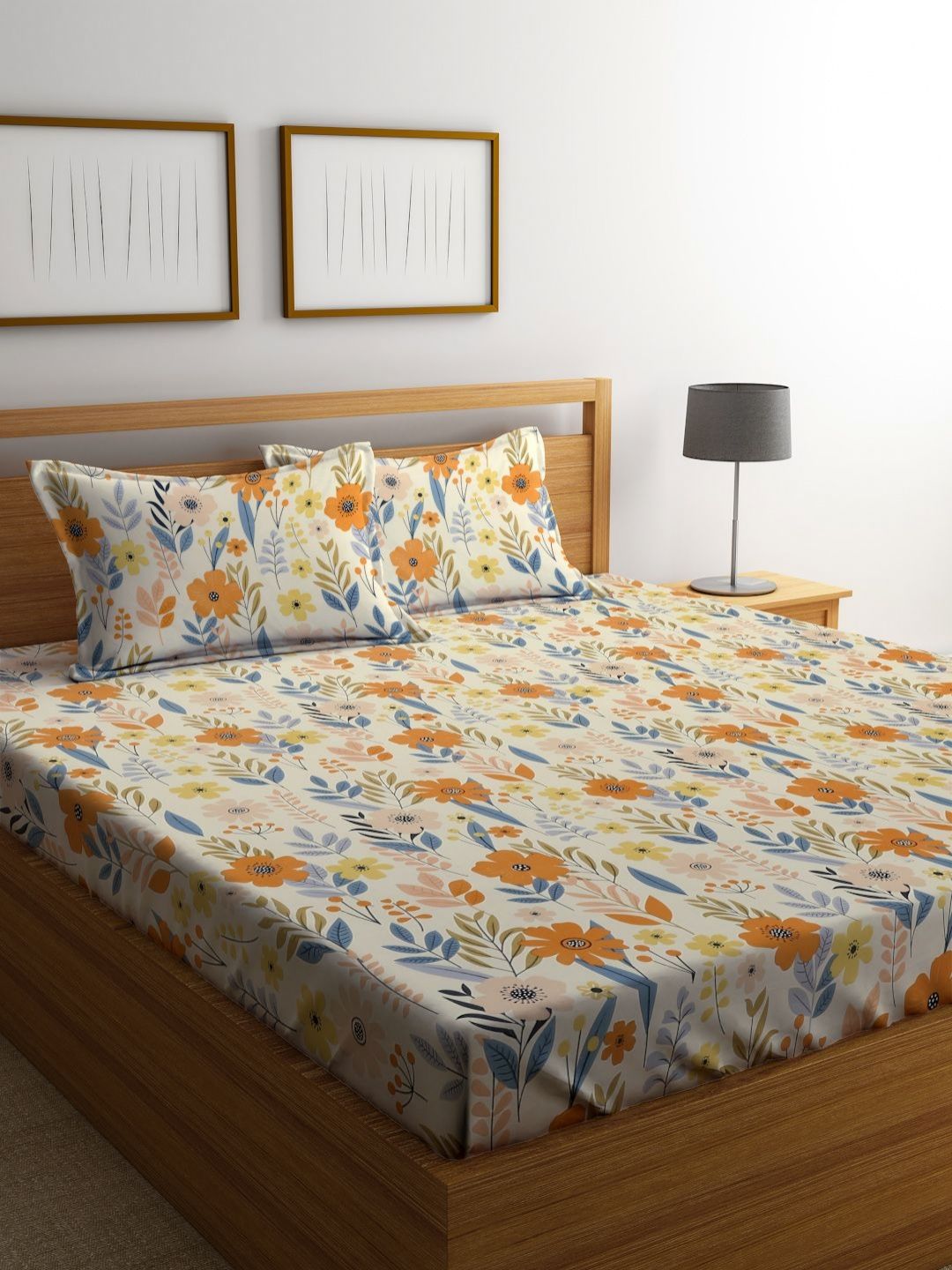 Myntra Elegant Homes Yellow & Orange Printed 300 TC King Bedsheet Set 2.50 m x 2.50 m