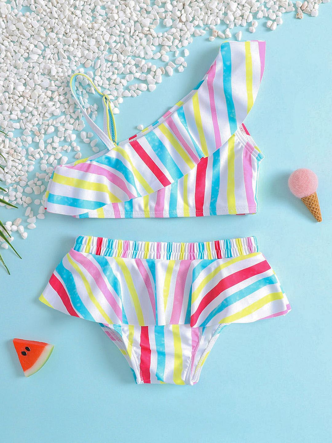 YK Girls Striped Top & Briefs Swim Set