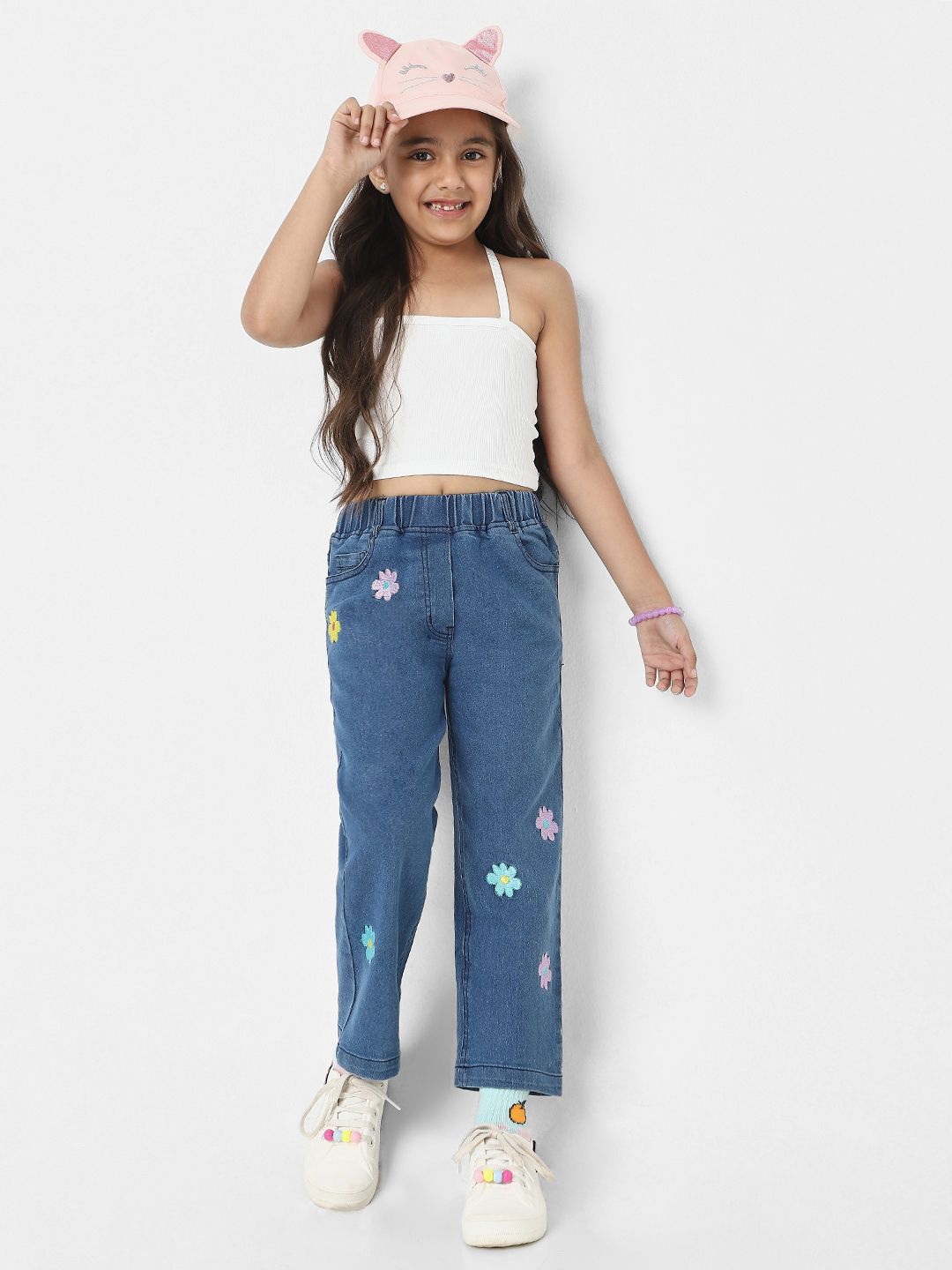 Nauti Nati Girls Cotton Denim Jeans with Little Flower Appliques