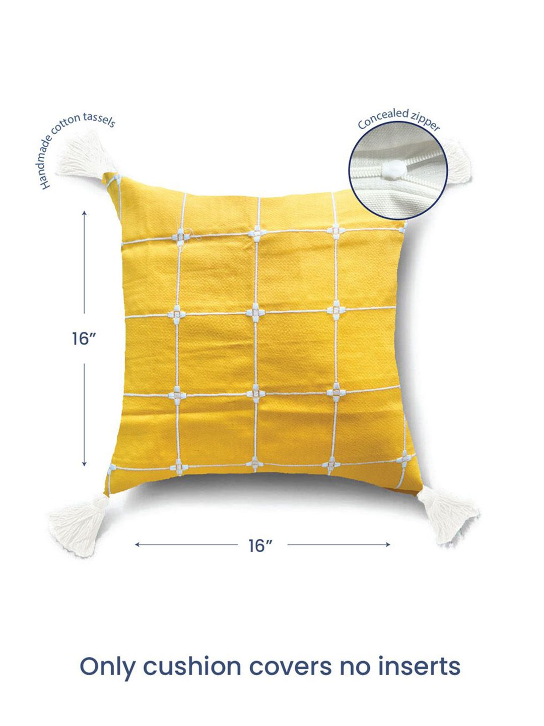URBAN SPACE Yellow & White 2 Pieces Embroidered Pure Cotton Square Cushion Covers