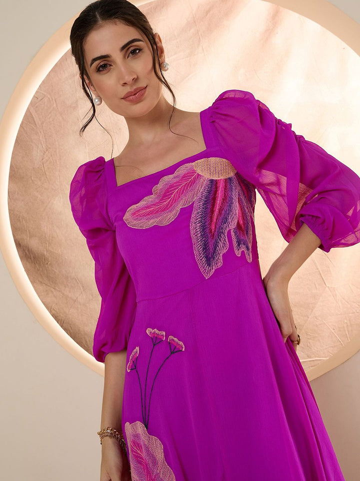Antheaa Puff Sleeve Chiffon Emberoidered Maxi Dress