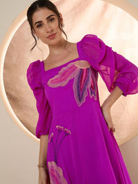 Antheaa Puff Sleeve Chiffon Emberoidered Maxi Dress