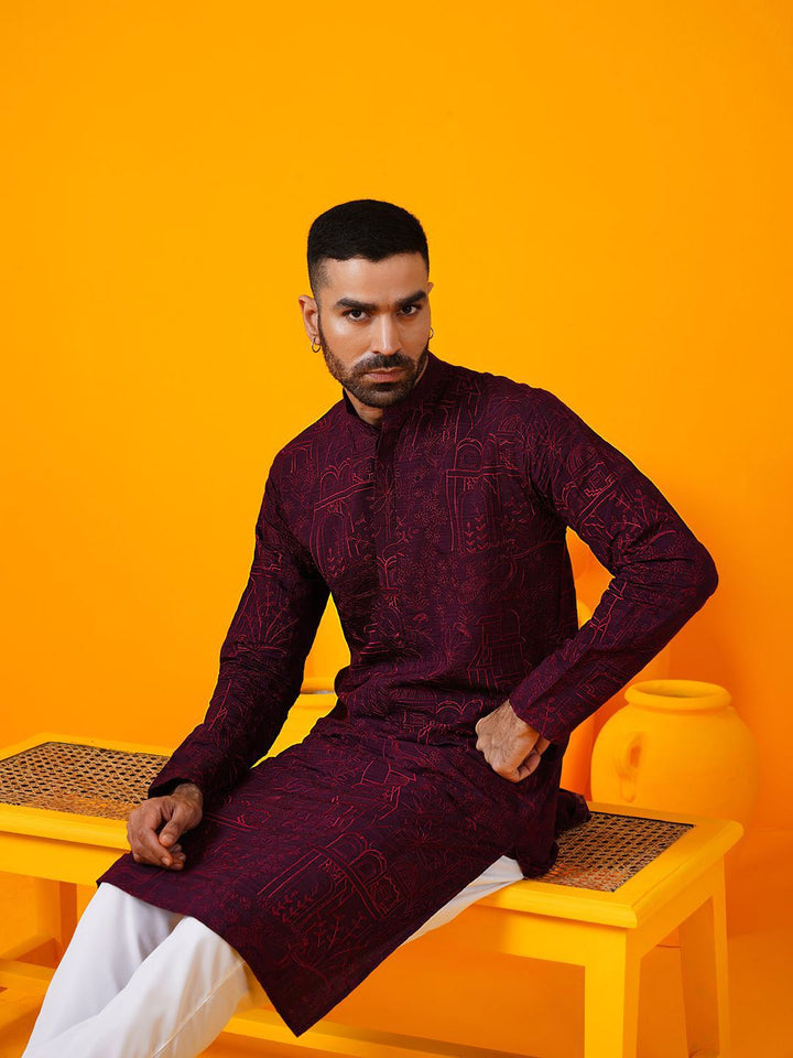 SOJANYA Floral Thread Work Band Collar Straight Kurta