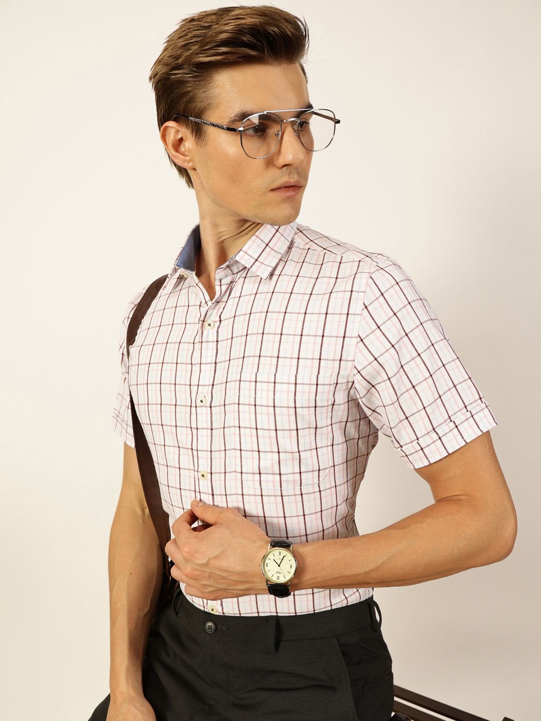 Thomas Scott Men Smart Spread Collar Tartan Checked Cotton Formal Shirt