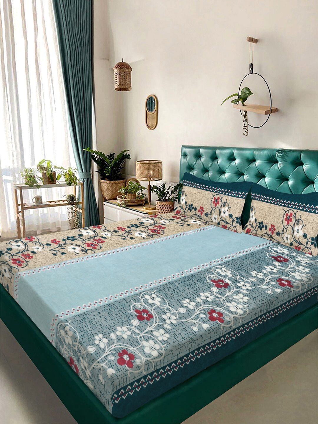 KLOTTHE Beige & Grey Floral Printed Flat 300 TC King Double Bedsheet With 2 Pillow Cover