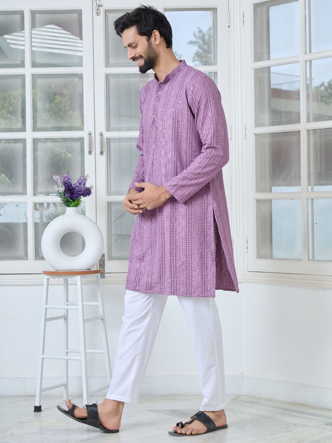 See Designs Floral Embroidered Mandarin Collar Thread Work Straight Kurta