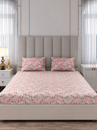 Monte Carlo Peach-Coloured & White Floral Printed 130 TC King Bedsheet Set- 2.75m x 2.75m