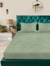 KLOTTHE Green Embossed Fitted 300 TC King Bedsheet With 2 Pillow Covers- 2.5 m x 2.25 m