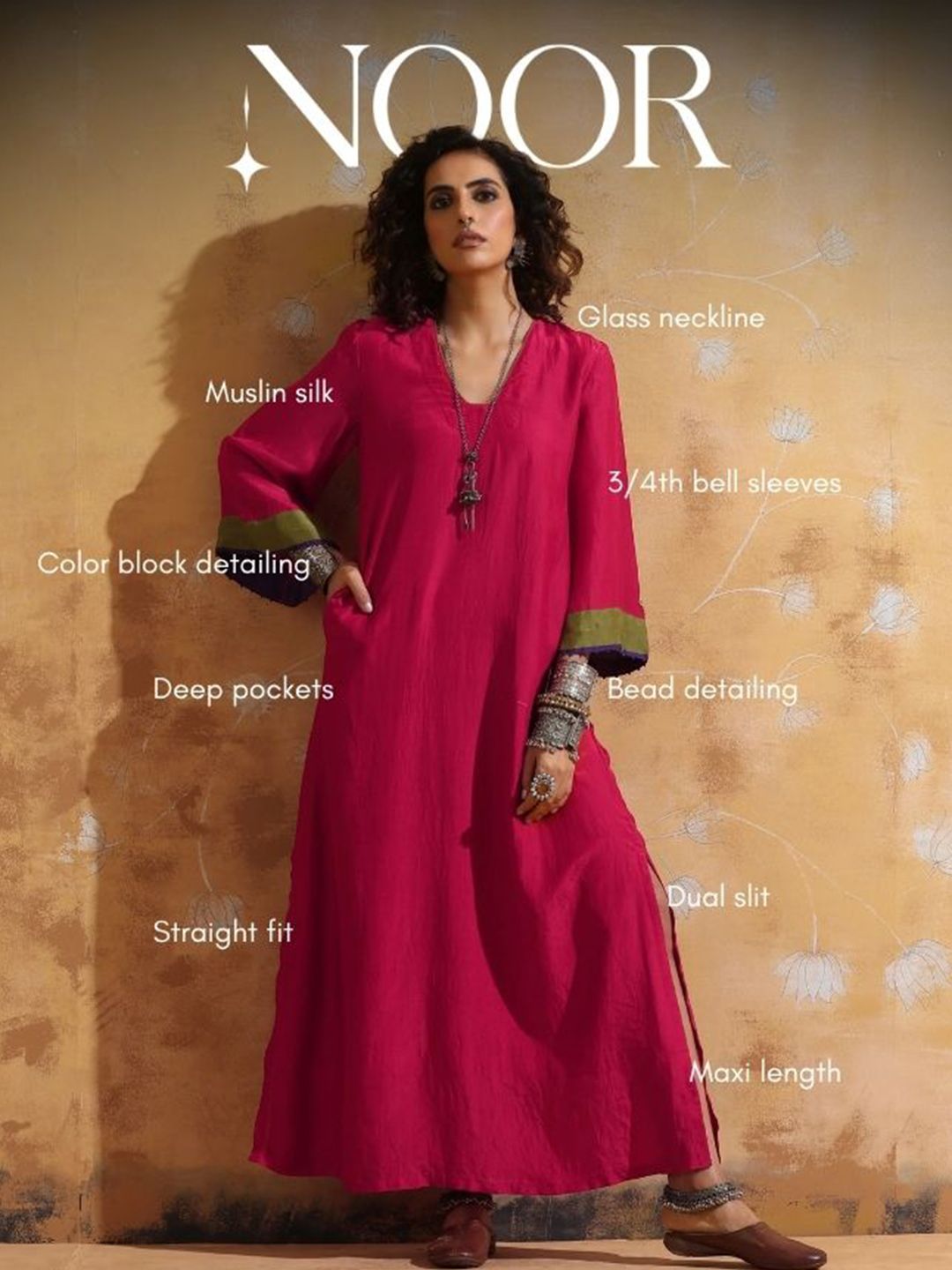Truebrowns Wanita Pink Muslin Silk Lurus Maxi Dress