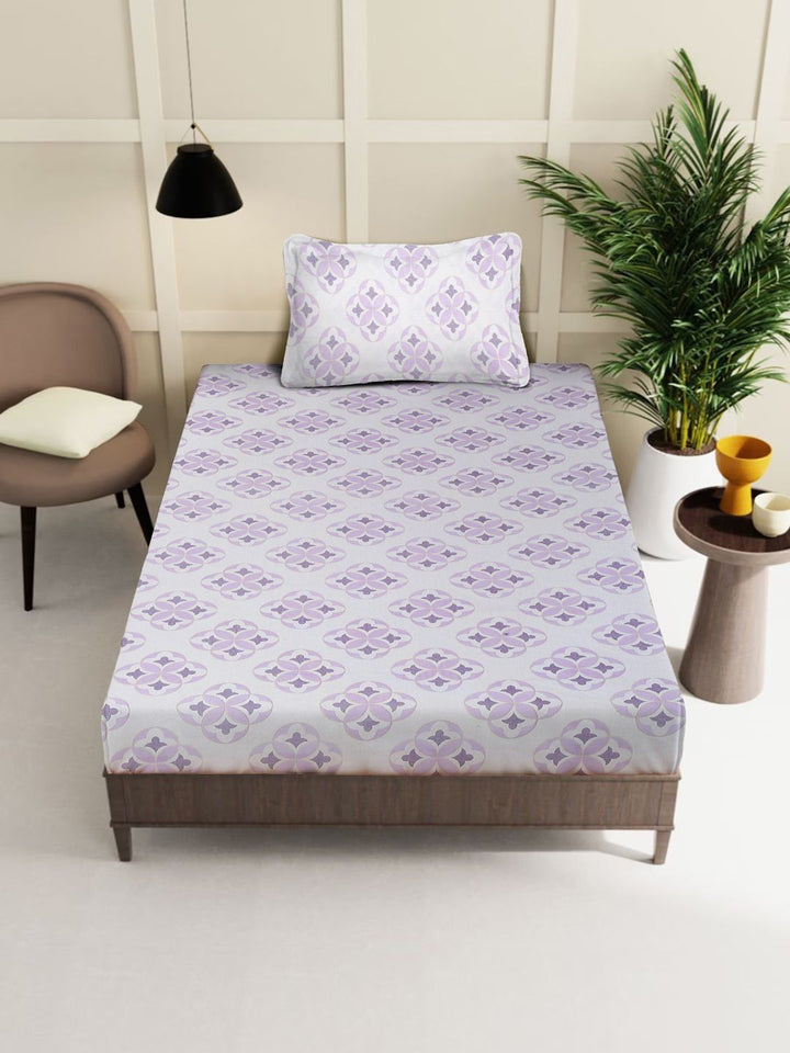 Myntra Elegant Homes White & Purple Geometric 400 TC Single Cadar dengan 1 Sarung Bantal
