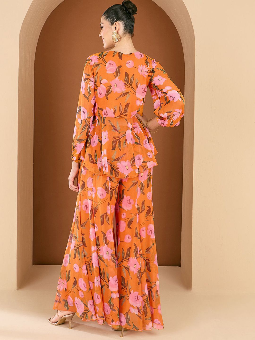 Antheaa Printed Embellished Round Neck Top With Palazzos