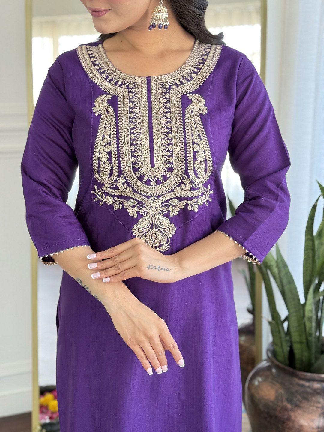 KALINI Ethnic Motifs Yoke Design Pure Silk Straight Kurta With Trousers & Dupatta