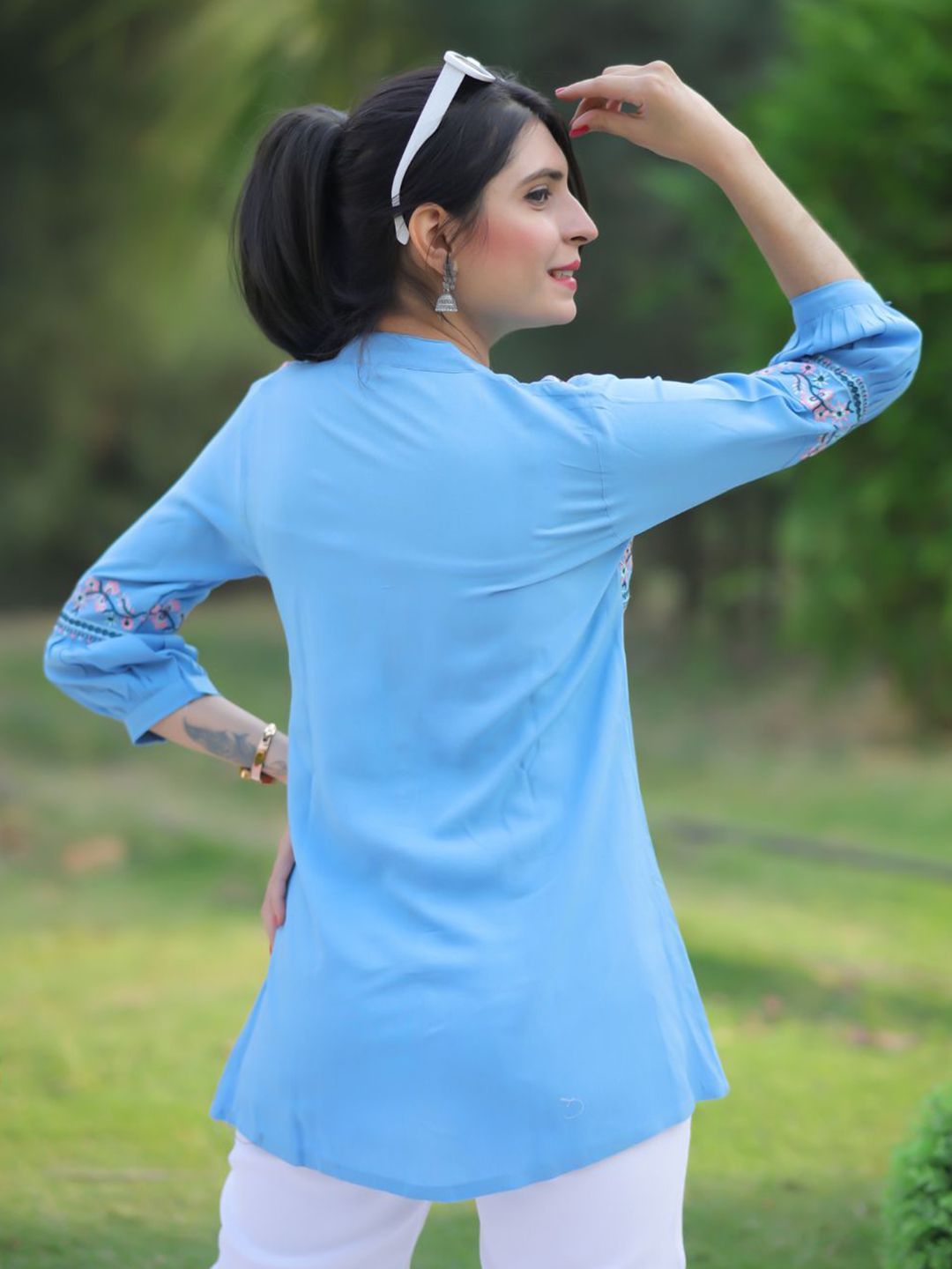 KALINI Women Light Blue Viscose Rayon Embroidered A-line Short Kurti