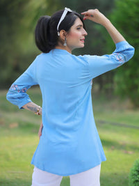KALINI Women Light Blue Viscose Rayon Embroidered A-line Short Kurti