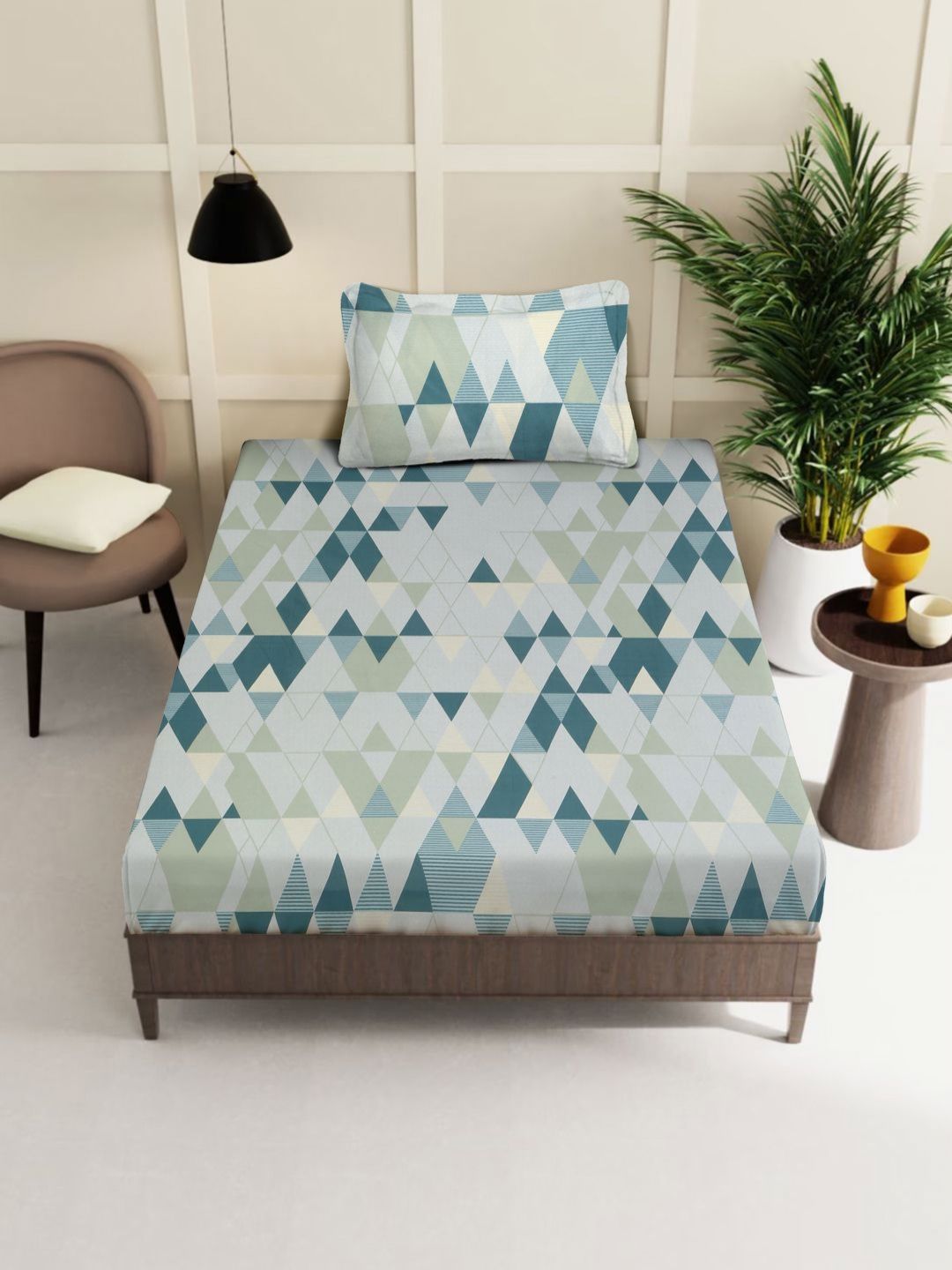 Myntra Elegant Homes Blue & Grey Printed Pure Cotton 400TC Single Bedsheet Set 2.25 x 1.5m