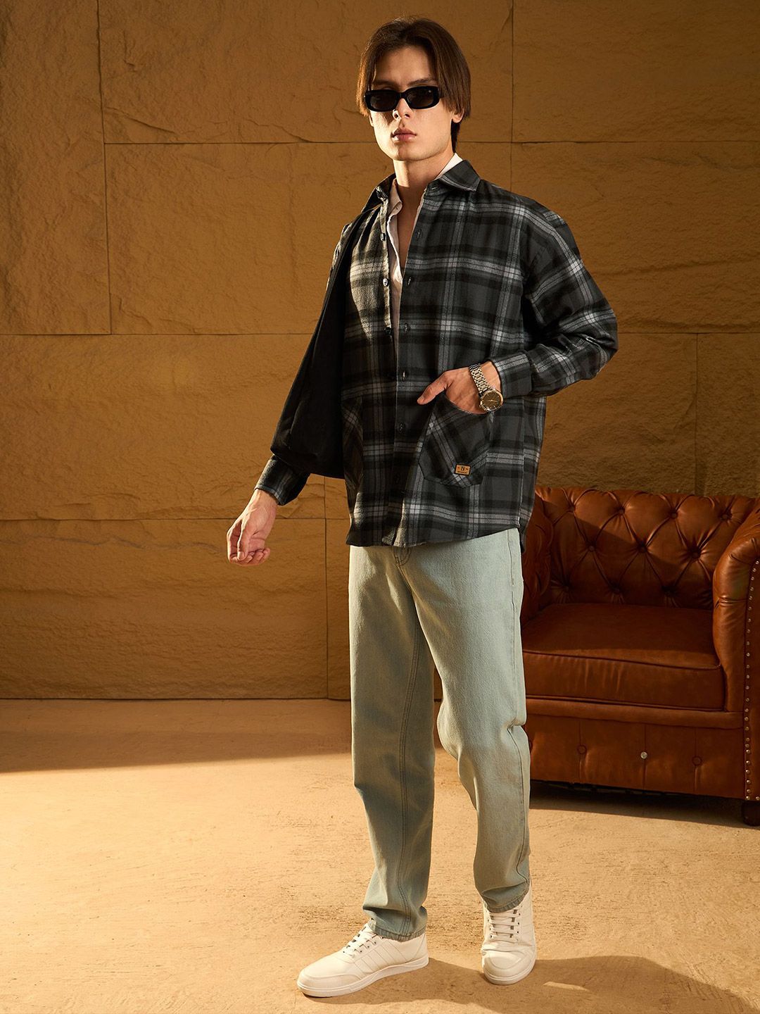 DENNISON Men Double Pocket Drop Shoulder Oversized Cotton Checked Shacket