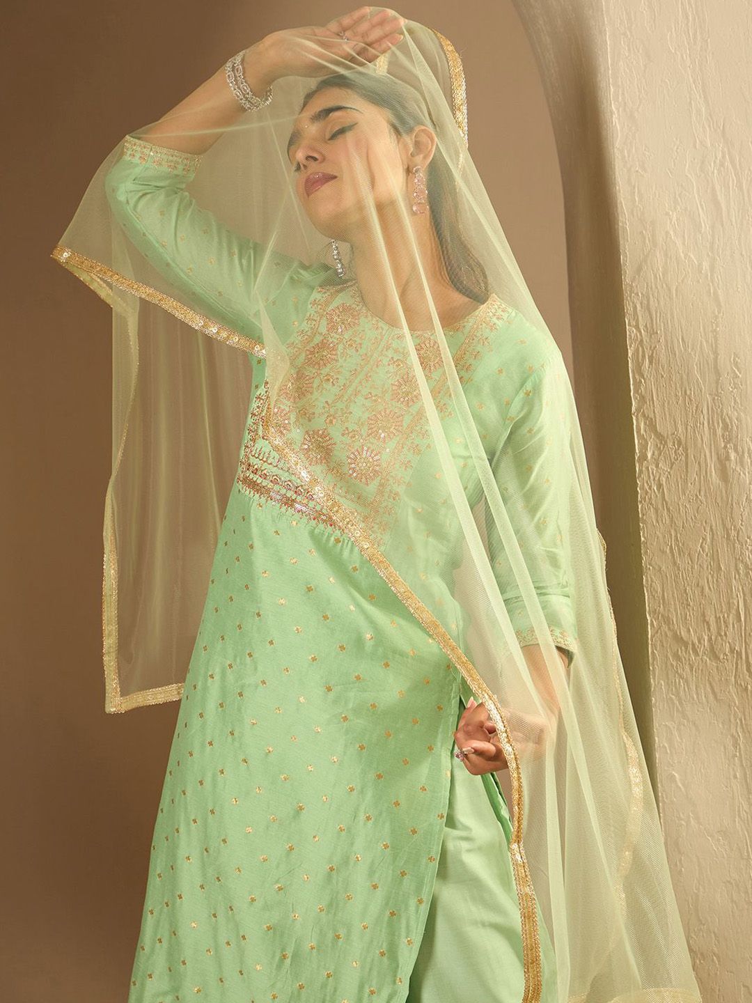 Indo Era Floral Embroidered Chanderi Silk Straight Kurta With Trousers & Dupatta