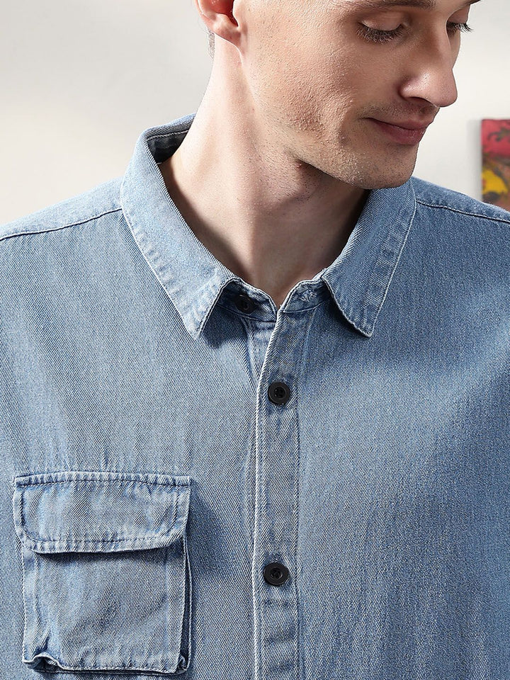 Eszett Embroidery Spread Collar Denim Ice Utility Oversized Shirt