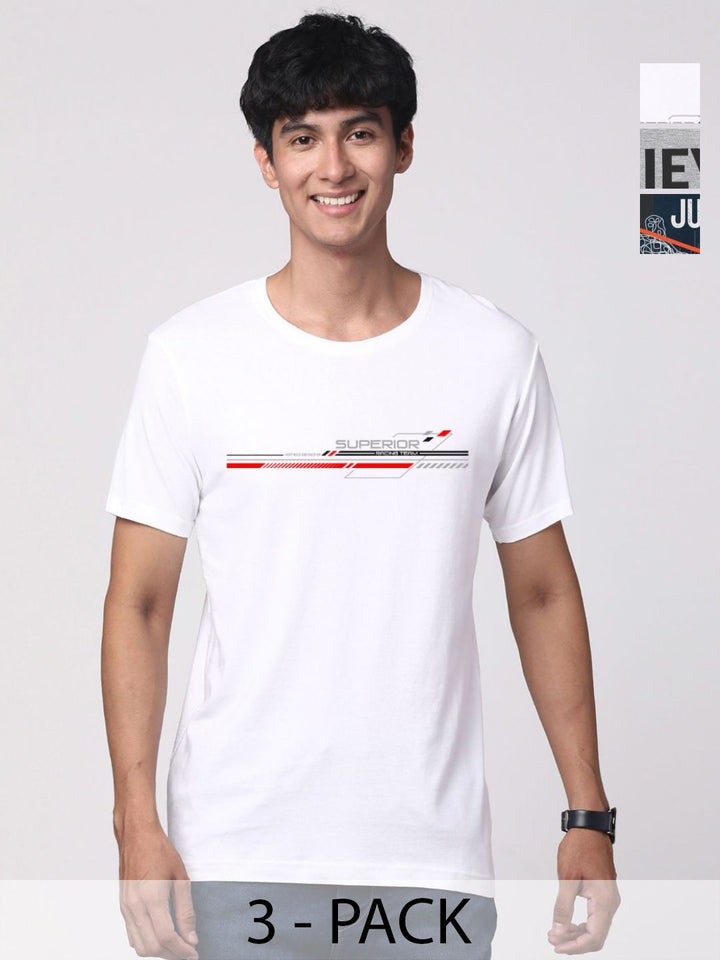 ADRO Pack of 3 Printed Round Neck Cotton T-shirt