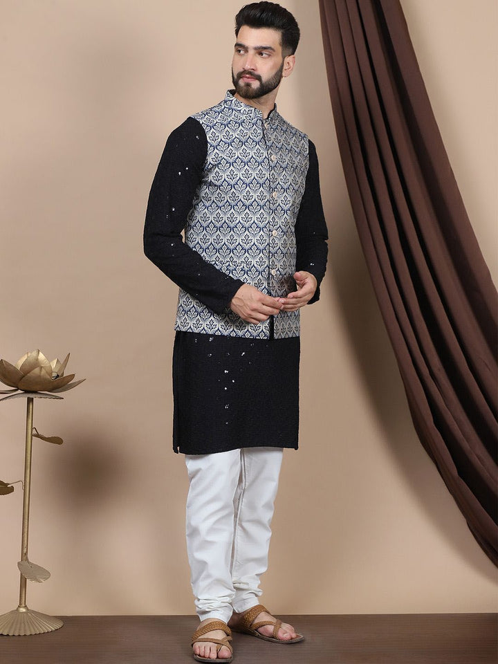 Anouk Black Ethnic Motifs Embroidered Straight Sequinned Pure Cotton Kurta with Churidar