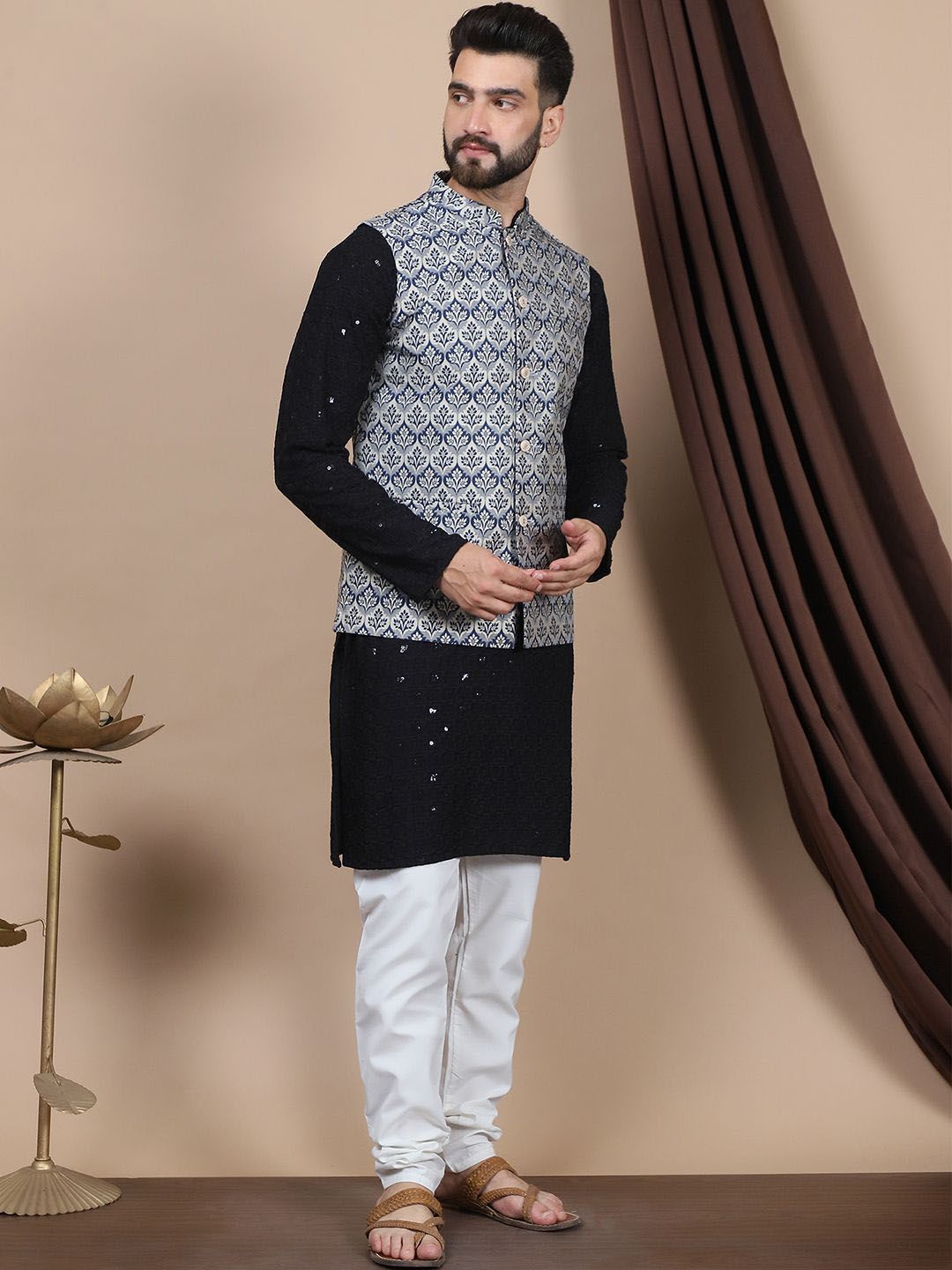 Anouk Black Ethnic Motifs Embroidered Straight Sequinned Pure Cotton Kurta with Churidar