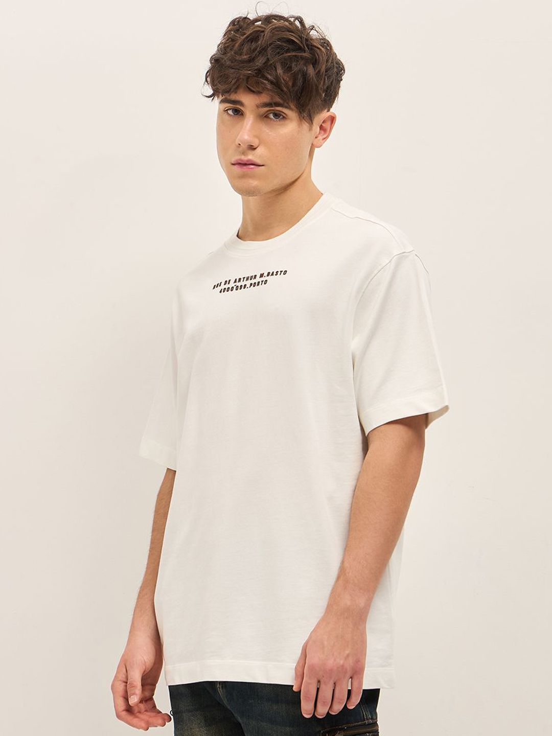 THE BEAR HOUSE Typography Printed Drop Shoulder Sleeves Cotton Oversized T-shirt